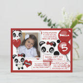 Rotes Schwarzes der Pandageburtstags-Einladung Einladung (Stehend Vorderseite)