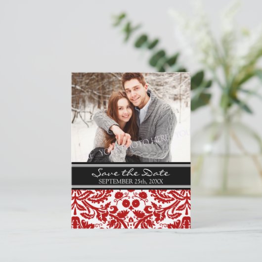 Rotes Schwarzes Foto Save the Date Hochzeitkarten Ankündigungspostkarte (Stehend Vorderseite)