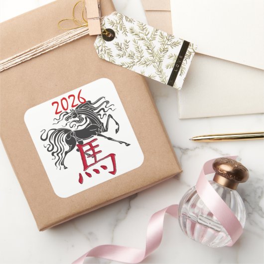 Rotes Schwarzes Jahr des Pferdes Quadratischer Aufkleber (Schenken)