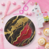 Rotes schwarzes Marmormuster mit Gold Pappteller (Party)