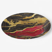 Rotes schwarzes Marmormuster mit Gold Pappteller (Schrägansicht)