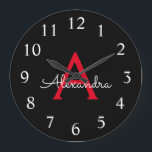 Rotes Schwarzes Skript Girl Monogramm Name Große Wanduhr<br><div class="desc">Rot und Schwarz einfache Skript Monogram Name Clock. Das macht den perfekten süßen 16 Geburtstag,  Hochzeit,  Brautparty,  Jubiläum,  Babydusche oder Junggeselinnen-Abschied Geschenk für jemanden,  der Lieben glamourösen Luxus und schicke Stile.</div>