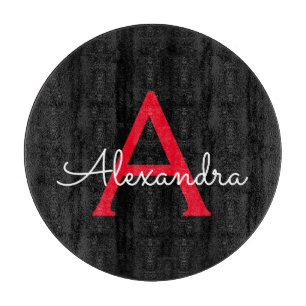 Rotes Schwarzes Skript Girl Monogramm Name Schneidebrett