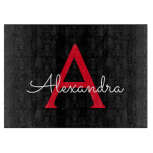 Rotes Schwarzes Skript Girl Monogramm Name Schneidebrett