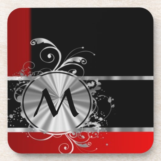 Rotes schwarzes und silbernes Monogramm Untersetzer (Vorderseite)