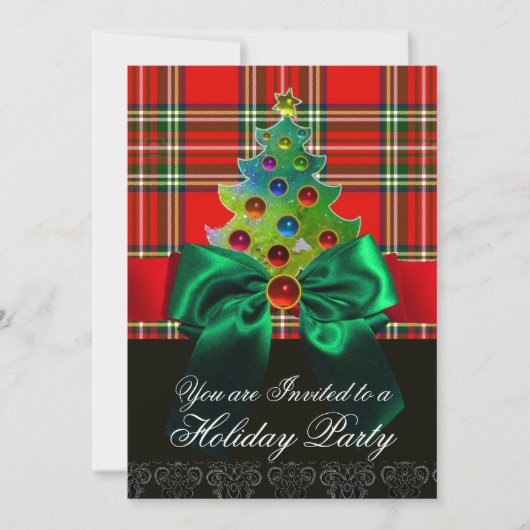 ROTES SCOTTISH TARTAN, GREEN BOW UND CHRISTMAS BAU EINLADUNG (Vorderseite)