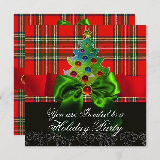 ROTES SCOTTISH TARTAN, GRÜNE BOWS UND CHRISTMAS BA EINLADUNG (Vorne/Hinten)