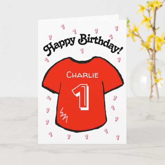 Rotes Shirt zum 1. Geburtstag Karte (Gelbe Blume)
