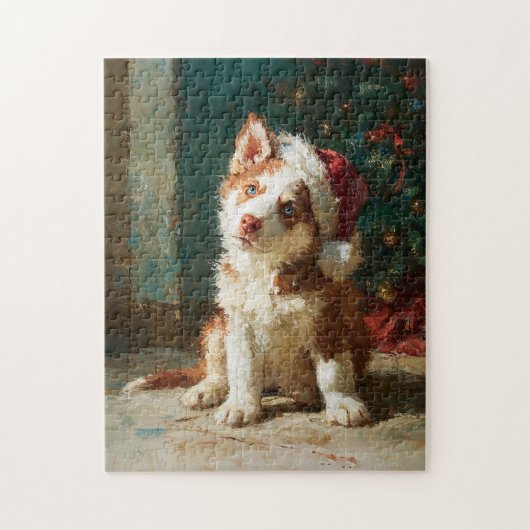 Rotes Sibirisches Husky-Welpen-Weihnachtsbild Puzzle (Vertikal)