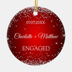 Rotes Silber-Glitter-Verlobungsfoto Keramik Ornament