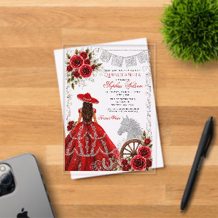 Rotes Silber Western Pferd Blumen Charra Quinceañe Acryleinladungen