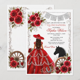 Rotes Silber Western Pferd Blumen Charra Quinceañe Einladung