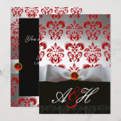 ROTES SILBERBAND & SCHWARZER DAMAST MONOGRAMM Ruby Einladung (Vorne/Hinten)