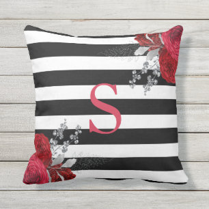 Rotes Silbernes Blumenmonogramm Schwarze Weiße Str Kissen