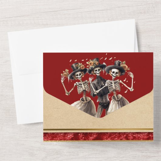 Rotes Skelett Bräutigam gotische Hochzeit All In One Einladung (Rückseite)