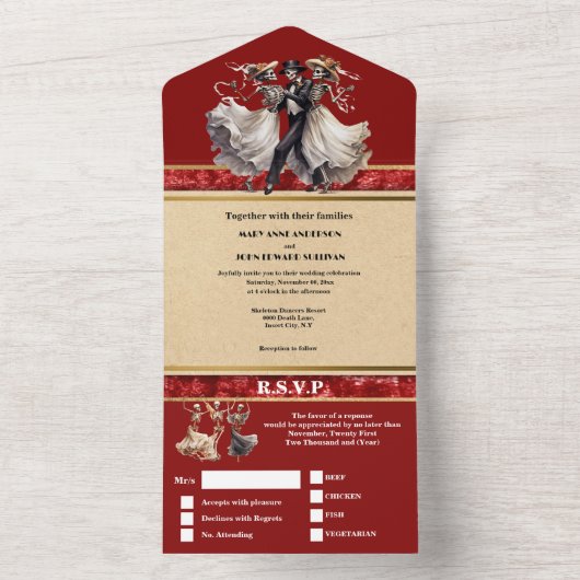 Rotes Skelett Bräutigam gotische Hochzeit All In One Einladung (Innen)