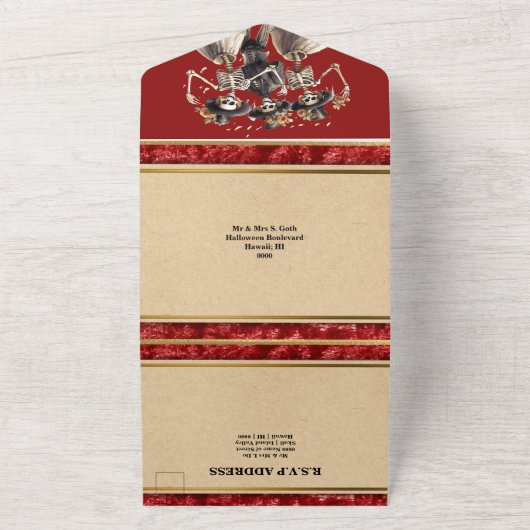 Rotes Skelett Bräutigam gotische Hochzeit All In One Einladung (Außenbereich)