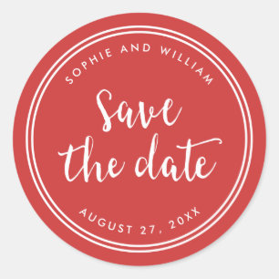 Rotes Skript und weiße Streifen – Termin vormerken Runder Aufkleber