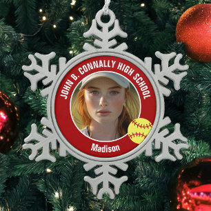 Rotes Softball-Spieler-Foto High School Andenken Schneeflocken Zinn-Ornament