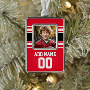Rotes Sportstrikot mit Foto, Name und Nummer Rahmen-Ornament Silber