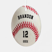 Rotes Stitching im Baseball-Foto Personalisiert Ornament Aus Metall (Vorderseite links)