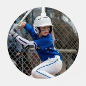 Rotes Stitching im Baseball-Foto Personalisiert Ornament Aus Metall (Rückseite)