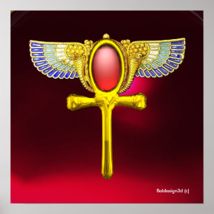 ROTES TALISMAN / ÄGYPTISCHER GEFLÜGELTER ANKH MIT  POSTER