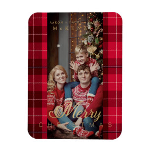 Rotes Tartan-Karo Frohe Weihnachten Familienfoto Magnet
