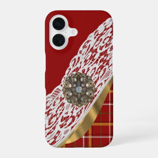 Rotes Tartan-Karo und Spitze iPhone 16 Hülle
