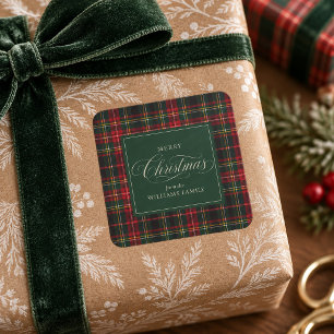 Rotes Tartan-Karo-Waldgrün-Weihnachtsfamilie Quadratischer Aufkleber