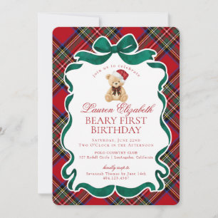 Rotes Tartan-Karo-Weihnachts-Beary-Erster-Geburtst Einladung