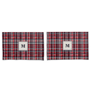 Rotes Tartan-Karomuster Elegant Monogrammiert Kissenbezug