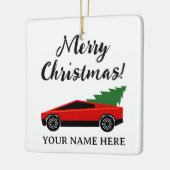 Rotes Tesla-Pickup mit Weihnachtsbaum im Retro-Sti Keramikornament (Links)