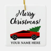 Rotes Tesla-Pickup mit Weihnachtsbaum im Retro-Sti Keramikornament (Vorderseite)