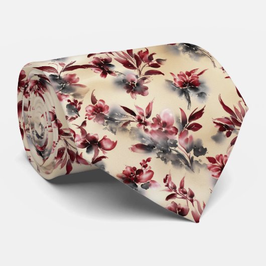 Rotes Tintenwasch-Blumenmuster Krawatte (Gerollt)
