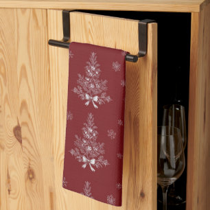Rotes Toile De Jouy Coquette Weihnachtslaub Geschirrtuch