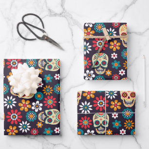 Rotes Totenkopf-Blumenmuster Geschenkpapier Set