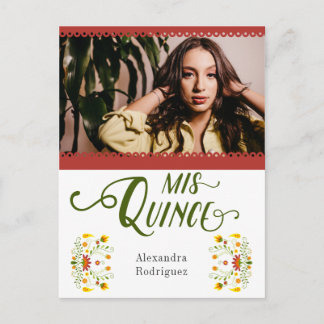 Rotes traditionelles mexikanisches Foto Quinceaner Einladungspostkarte