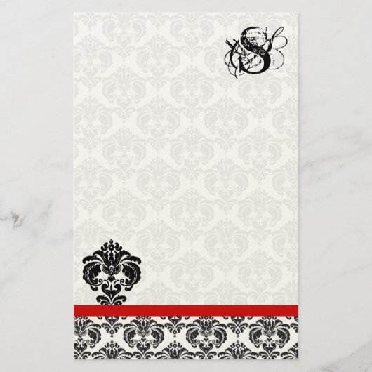 Rotes Trimm Schwarzer Damask Monogramm Briefpapier (Vorderseite)
