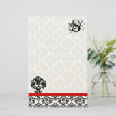 Rotes Trimm Schwarzer Damask Monogramm Briefpapier (Stehend Vorderseite)