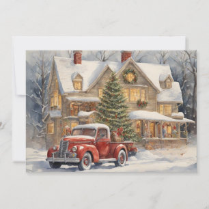 Rotes Truck-Farmhaus Schnee Winter Frohe Weihnacht Feiertagskarte