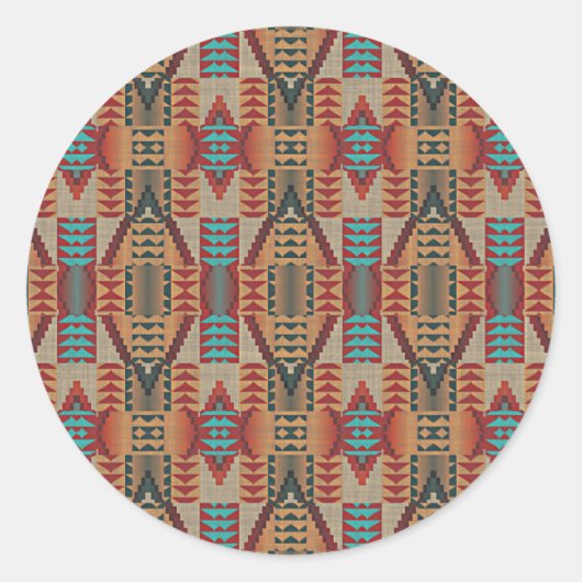 Rotes Türkis Orange Braun Ethnisches Muster Kunst Runder Aufkleber (Vorderseite)