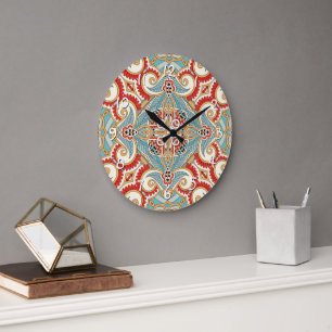 Rotes Türkisgrau Blau Sonnengelbes Kaleidoskop Kun Große Wanduhr