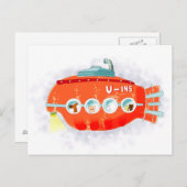 Rotes U-Boot mit niedlichen Tieren an Bord Postkarte (Vorne/Hinten)