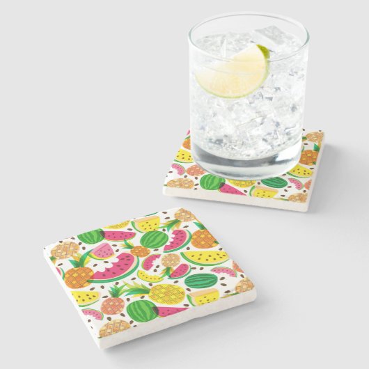 Rotes u. gelbes tropische Frucht-Muster Steinuntersetzer (Seitenansicht)