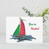 Rotes u. grünes WeihnachtsSegelboot Einladung (Stehend Vorderseite)