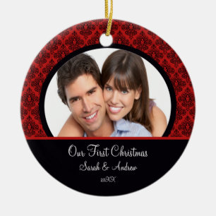 Rotes u. schwarzes Damast-Foto-erste Keramik Ornament