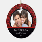 Rotes u. schwarzes Damast-Foto-erste Keramik Ornament (Links)