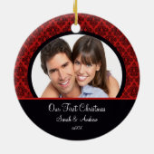 Rotes u. schwarzes Damast-Foto-erste Keramik Ornament (Hinten)