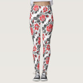 Rotes u. schwarzes Rose Kreuzstich Russe-Muster Leggings (Vorderseite)